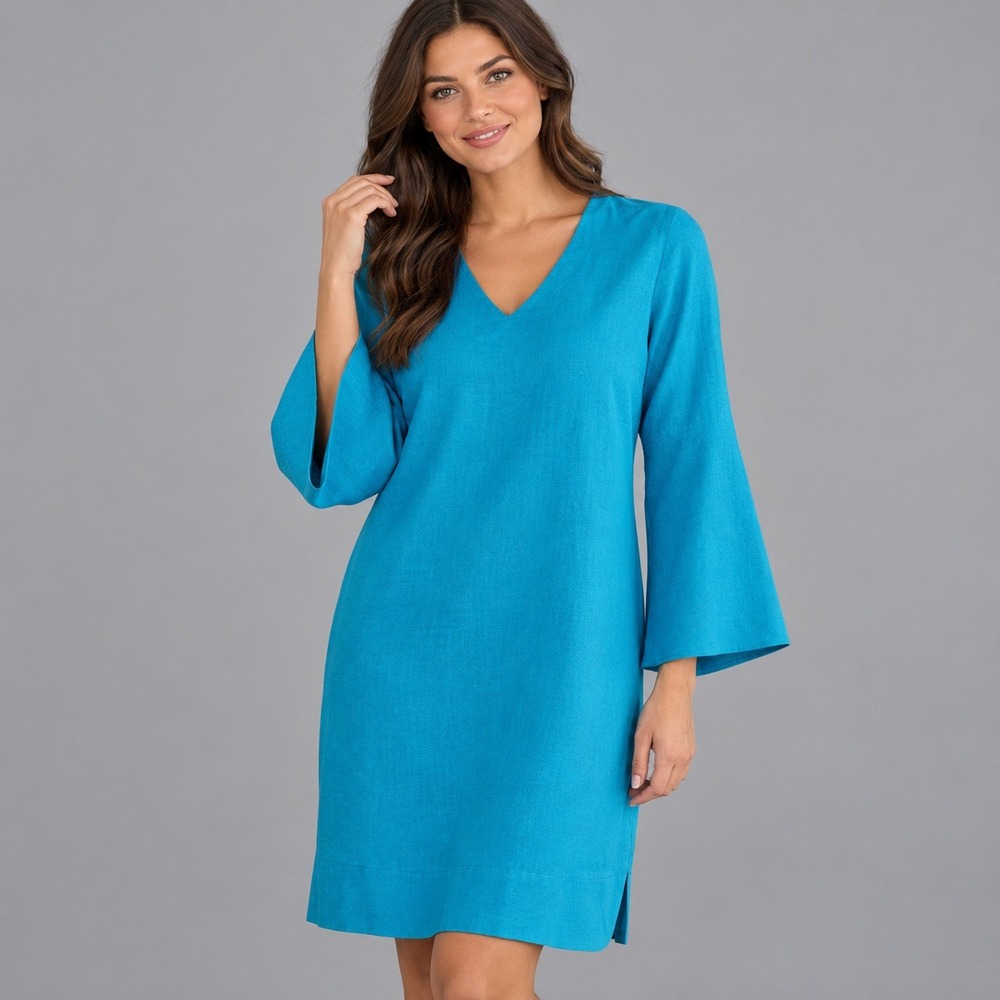 Soft Surroundings Dress Womens Size 1X Blue Linen Blend Flare Sleeve Rounded Hem
